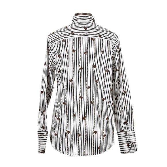 Chico’s No Iron Blouse Size XL White Chain Tassel Stripe Print Popover Top - Picture 2 of 10